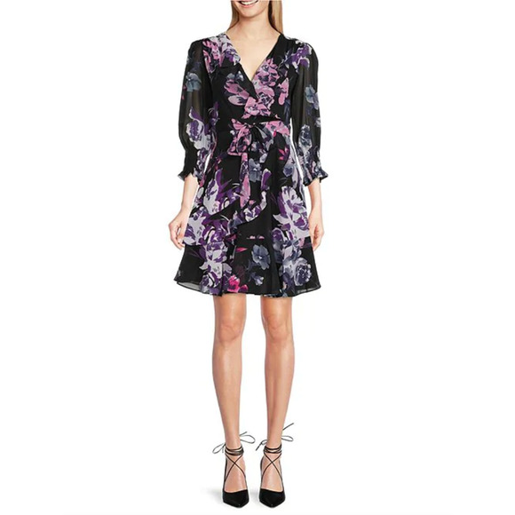 Taylor Floral Print Faux Wrap V-Neck 3/4 Sleeve Tiered Ruffle Hem Dress Petite 2 - Picture 1 of 8